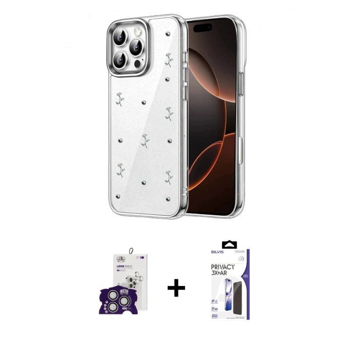 MARSİLYAN™- iPhone 16 Pro Max Kılıf Yörünge Form - Siyah Bilvis 3X AR Hayalet Cam Ekran Koruyucu + Bilvis Titan Kamera Lens - GS