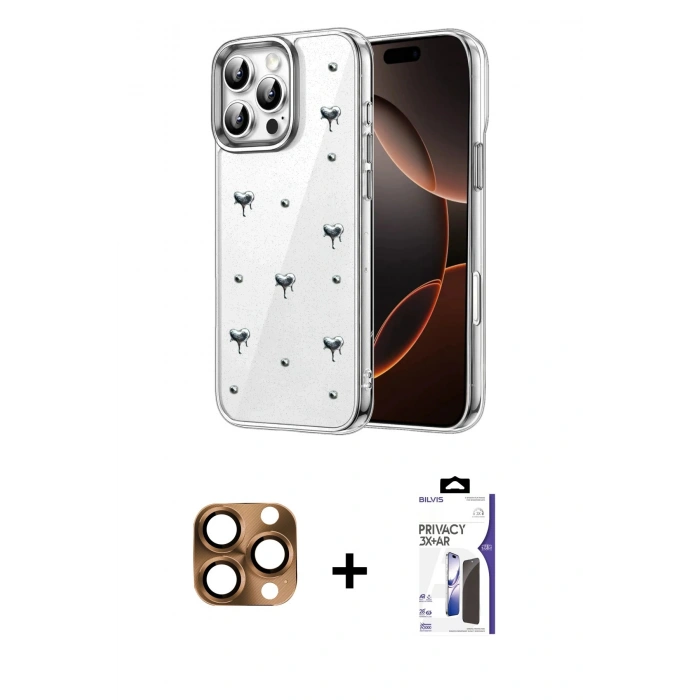 MARSİLYAN™- iPhone 16 Pro Max Kılıf Yörünge Form - Siyah Bilvis 3X AR Hayalet Cam Ekran Koruyucu + Pers Alüminyum Kamera Lens - CLTM