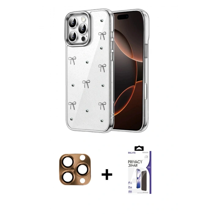 MARSİLYAN™- iPhone 16 Pro Max Kılıf Yörünge Form - Siyah Bilvis 3X AR Hayalet Cam Ekran Koruyucu + Pers Alüminyum Kamera Lens - CLTM