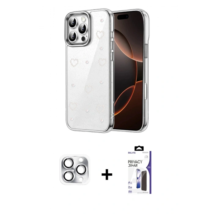 MARSİLYAN™- iPhone 16 Pro Max Kılıf Yörünge Form - Siyah Bilvis 3X AR Hayalet Cam Ekran Koruyucu + Pers Alüminyum Kamera Lens - GS