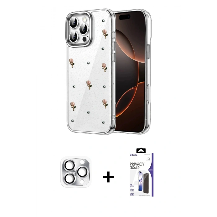 MARSİLYAN™- iPhone 16 Pro Max Kılıf Yörünge Form - Siyah Bilvis 3X AR Hayalet Cam Ekran Koruyucu + Pers Alüminyum Kamera Lens - GS