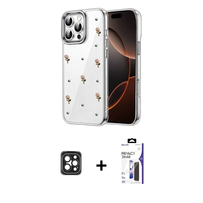 MARSİLYAN™- iPhone 16 Pro Max Kılıf Yörünge Form - Siyah Bilvis 3X AR Hayalet Cam Ekran Koruyucu + PVD Metal Kamera Lens - SH