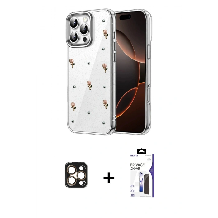 MARSİLYAN™- iPhone 16 Pro Max Kılıf Yörünge Form - Siyah Bilvis 3X AR Hayalet Cam Ekran Koruyucu + PVD Metal Kamera Lens - GD