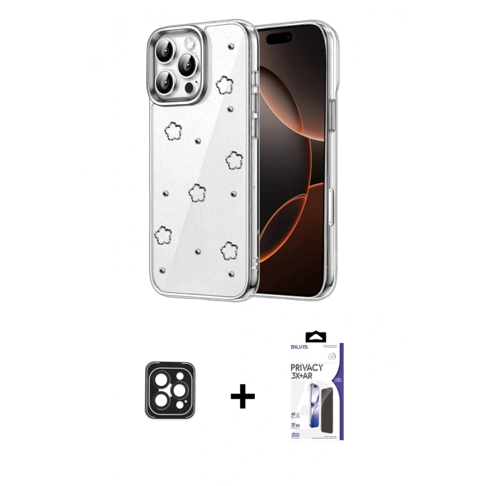 MARSİLYAN™- iPhone 16 Pro Max Kılıf Yörünge Form - Siyah Bilvis 3X AR Hayalet Cam Ekran Koruyucu + PVD Metal Kamera Lens - SH
