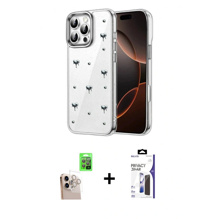 MARSİLYAN™- iPhone 16 Pro Max Kılıf Yörünge Form - Siyah Bilvis 3X AR Hayalet Cam Ekran Koruyucu + Raze Metal Kamera Lens - NLGY