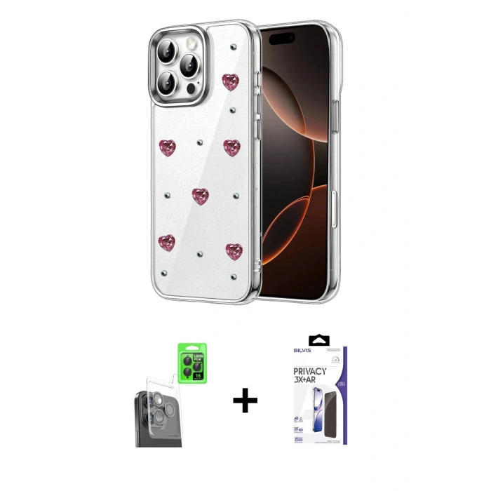 MARSİLYAN™- iPhone 16 Pro Max Kılıf Yörünge Form - Siyah Bilvis 3X AR Hayalet Cam Ekran Koruyucu + Raze Metal Kamera Lens - SH
