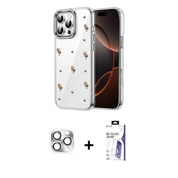 MARSİLYAN™- iPhone 16 Pro Max Kılıf Yörünge Form - Siyah Bilvis 3X AR HD Cam Ekran Koruyucu + Pers Alüminyum Kamera Lens - GS