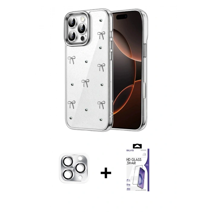 MARSİLYAN™- iPhone 16 Pro Max Kılıf Yörünge Form - Siyah Bilvis 3X AR HD Cam Ekran Koruyucu + Pers Alüminyum Kamera Lens - GS