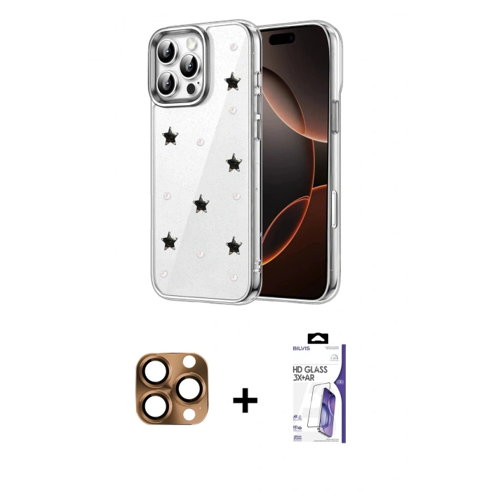 MARSİLYAN™- iPhone 16 Pro Max Kılıf Yörünge Form - Siyah Bilvis 3X AR HD Cam Ekran Koruyucu + Pers Alüminyum Kamera Lens - CLTM