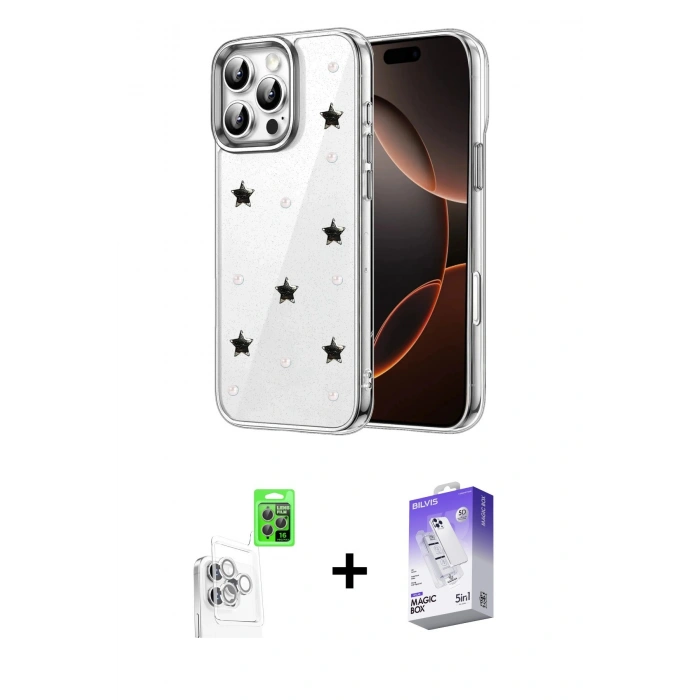 MARSİLYAN™- iPhone 16 Pro Max Kılıf Yörünge Form - Siyah Bilvis 5in1 3D Magic Cam Ekran Koruyucu + Raze Metal Kamera Lens - BZ