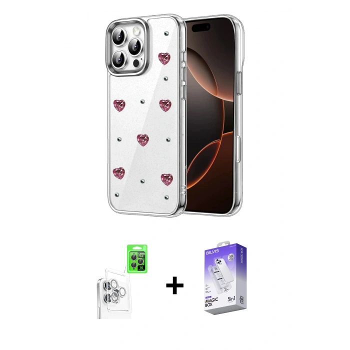 MARSİLYAN™- iPhone 16 Pro Max Kılıf Yörünge Form - Siyah Bilvis 5in1 3D Magic Cam Ekran Koruyucu + Raze Metal Kamera Lens - BZ