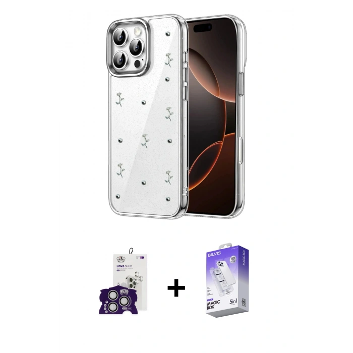 MARSİLYAN™- iPhone 16 Pro Max Kılıf Yörünge Form - Siyah Bilvis 5in1 3D Magic Cam Ekran Koruyucu + Bilvis Titan Kamera Lens - GS