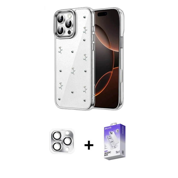 MARSİLYAN™- iPhone 16 Pro Max Kılıf Yörünge Form - Siyah Bilvis 5in1 3D Magic Cam Ekran Koruyucu + Gümüş Pers Alüminyum Kamera Lens