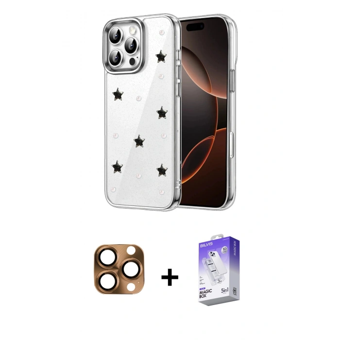 MARSİLYAN™- iPhone 16 Pro Max Kılıf Yörünge Form - Siyah Bilvis 5in1 3D Magic Cam Ekran Koruyucu + Pers Alüminyum Kamera Lens - CLTM