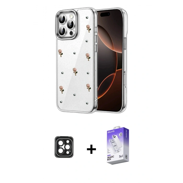 MARSİLYAN™- iPhone 16 Pro Max Kılıf Yörünge Form - Siyah Bilvis 5in1 3D Magic Cam Ekran Koruyucu + PVD Metal Kamera Lens - SH
