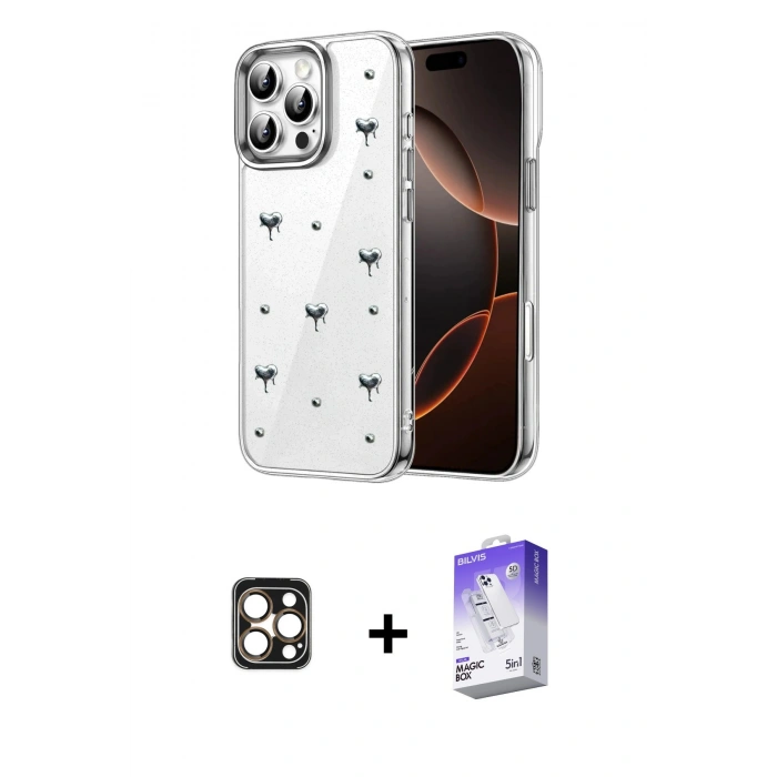 MARSİLYAN™- iPhone 16 Pro Max Kılıf Yörünge Form - Siyah Bilvis 5in1 3D Magic Cam Ekran Koruyucu + PVD Metal Kamera Lens - GD