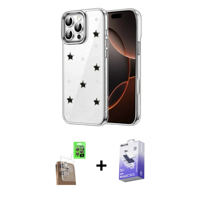 MARSİLYAN™- iPhone 16 Pro Max Kılıf Yörünge Form - Siyah Bilvis 5in1 5D Magic Hayalet Cam Ekran Koruyucu + Raze Metal Kamera Lens - CLTM