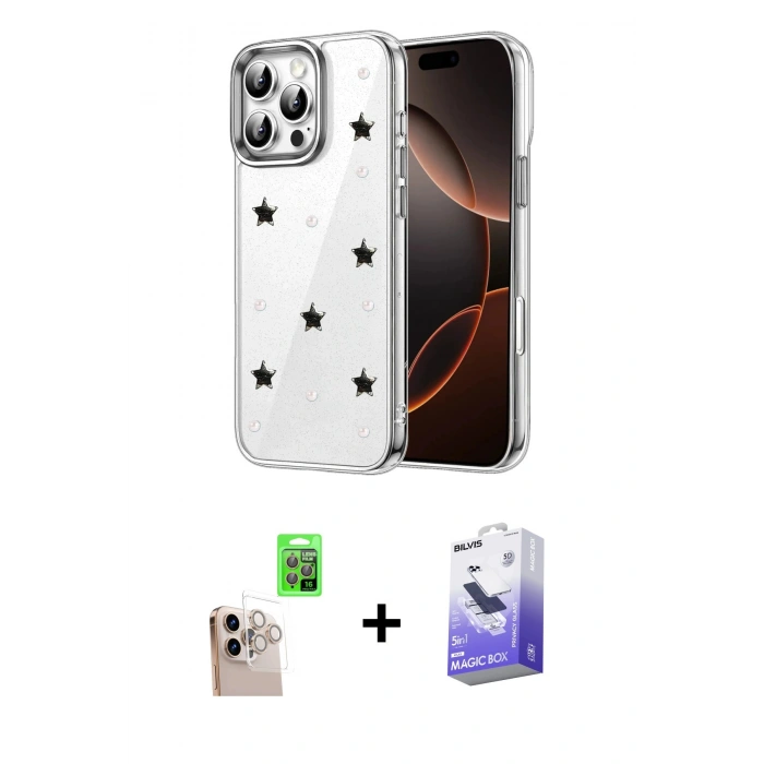 MARSİLYAN™- iPhone 16 Pro Max Kılıf Yörünge Form - Siyah Bilvis 5in1 5D Magic Hayalet Cam Ekran Koruyucu + Raze Metal Kamera Lens - NLGY