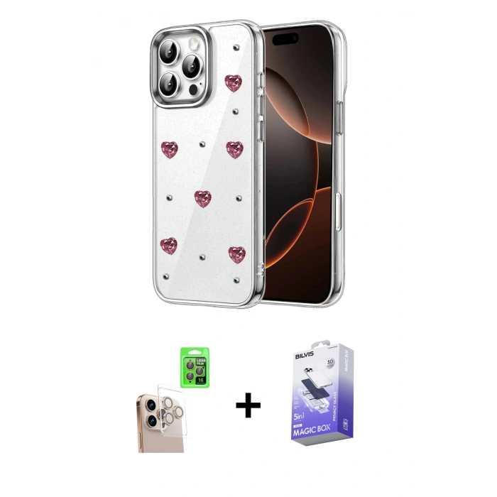 MARSİLYAN™- iPhone 16 Pro Max Kılıf Yörünge Form - Siyah Bilvis 5in1 5D Magic Hayalet Cam Ekran Koruyucu + Raze Metal Kamera Lens - NLGY