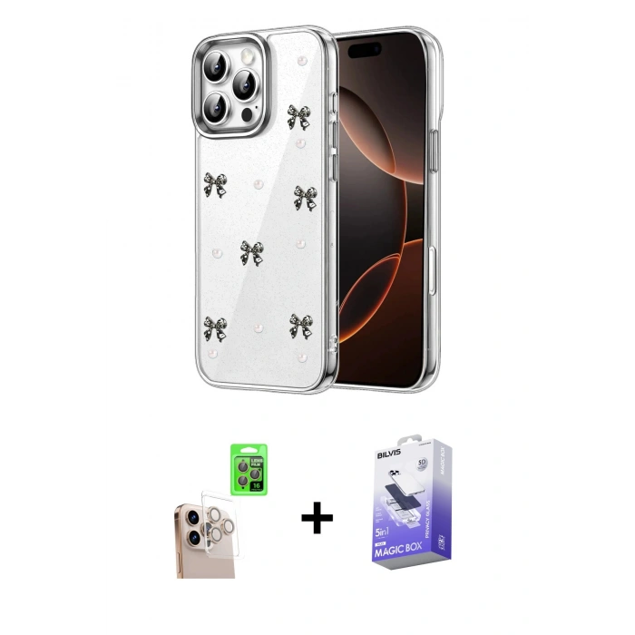 MARSİLYAN™- iPhone 16 Pro Max Kılıf Yörünge Form - Siyah Bilvis 5in1 5D Magic Hayalet Cam Ekran Koruyucu + Raze Metal Kamera Lens - NLGY