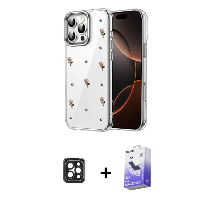 MARSİLYAN™- iPhone 16 Pro Max Kılıf Yörünge Form - Siyah Bilvis 5in1 5D Magic Hayalet Cam Ekran Koruyucu + PVD Metal Kamera Lens - SH