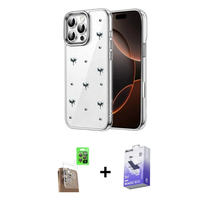 MARSİLYAN™- iPhone 16 Pro Max Kılıf Yörünge Form - Siyah Bilvis 5in1 5D Magic Hayalet Cam Ekran Koruyucu + Raze Metal Kamera Lens - CLTM