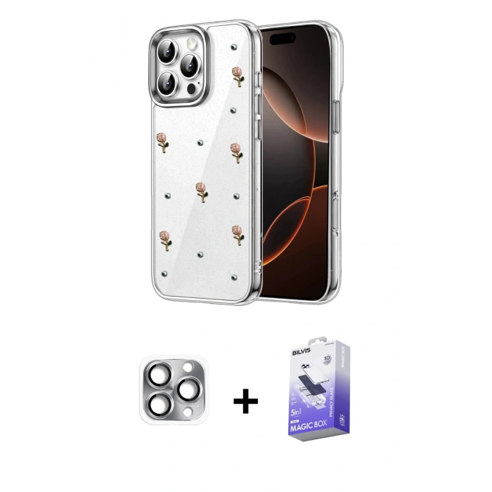 MARSİLYAN™- iPhone 16 Pro Max Kılıf Yörünge Form - Siyah Bilvis 5in1 5D Magic Hayalet Cam Ekran Koruyucu + Pers Alüminyum Kamera Lens - GI