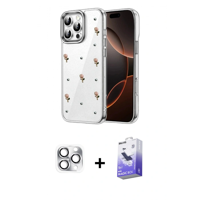 MARSİLYAN™- iPhone 16 Pro Max Kılıf Yörünge Form - Siyah Bilvis 5in1 5D Magic Hayalet Cam Ekran Koruyucu + Pers Alüminyum Kamera Lens - GS