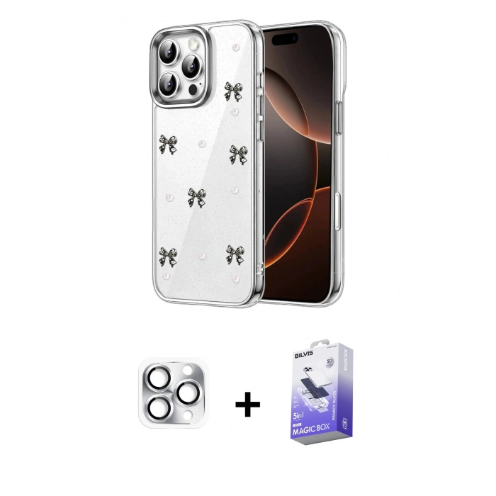 MARSİLYAN™- iPhone 16 Pro Max Kılıf Yörünge Form - Siyah Bilvis 5in1 5D Magic Hayalet Cam Ekran Koruyucu + Pers Alüminyum Kamera Lens - GS