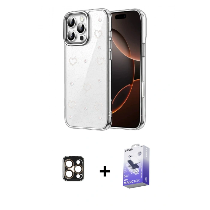 MARSİLYAN™- iPhone 16 Pro Max Kılıf Yörünge Form - Siyah Bilvis 5in1 5D Magic Hayalet Cam Ekran Koruyucu + Gold PVD Metal Kamera Lens