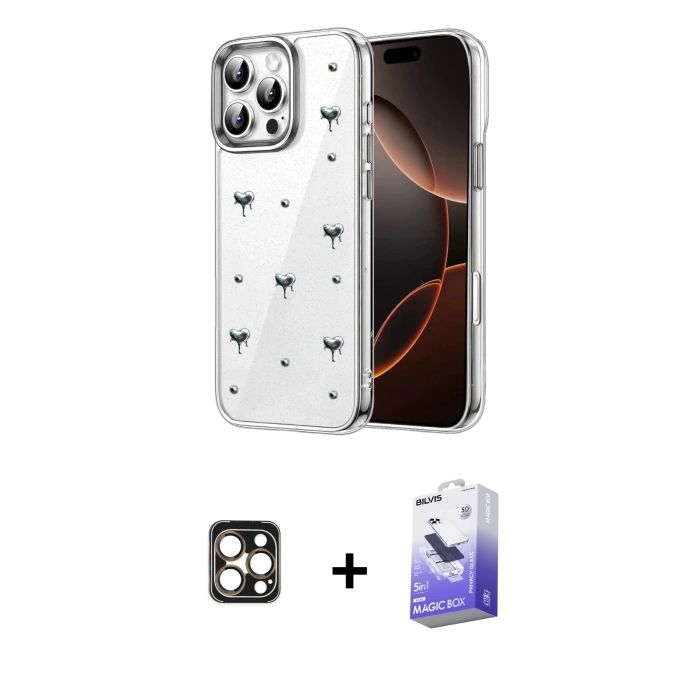 MARSİLYAN™- iPhone 16 Pro Max Kılıf Yörünge Form - Siyah Bilvis 5in1 5D Magic Hayalet Cam Ekran Koruyucu + Gold PVD Metal Kamera Lens