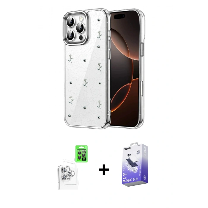 MARSİLYAN™- iPhone 16 Pro Max Kılıf Yörünge Form - Siyah Bilvis 5in1 5D Magic Hayalet Cam Ekran Koruyucu + Raze Metal Kamera Lens - BZ