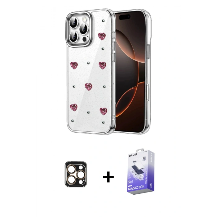 MARSİLYAN™- iPhone 16 Pro Max Kılıf Yörünge Form - Siyah Bilvis 5in1 5D Magic Hayalet Cam Ekran Koruyucu + Gold PVD Metal Kamera Lens