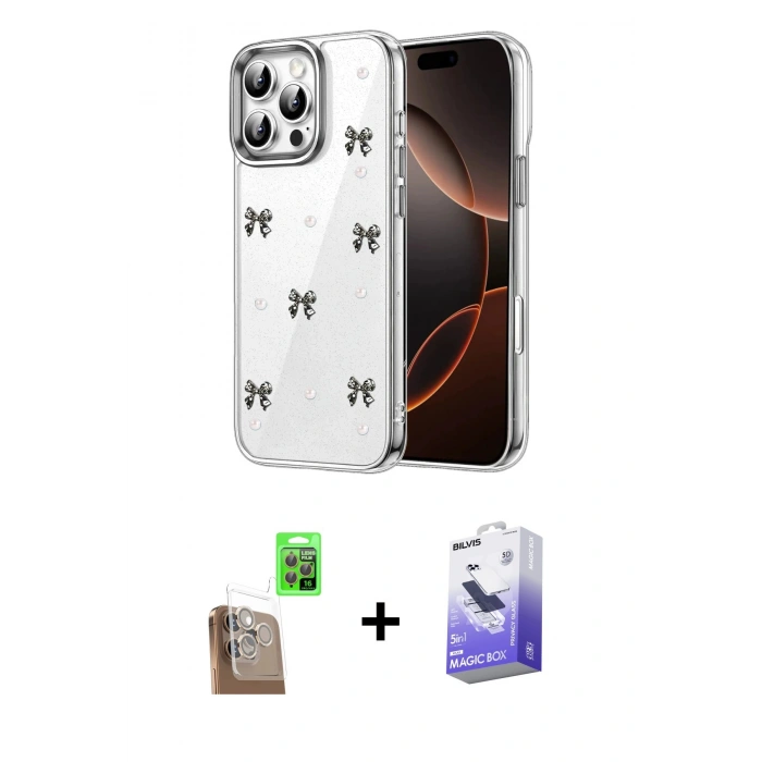 MARSİLYAN™- iPhone 16 Pro Max Kılıf Yörünge Form - Siyah Bilvis 5in1 5D Magic Hayalet Cam Ekran Koruyucu + Raze Metal Kamera Lens - CLTM