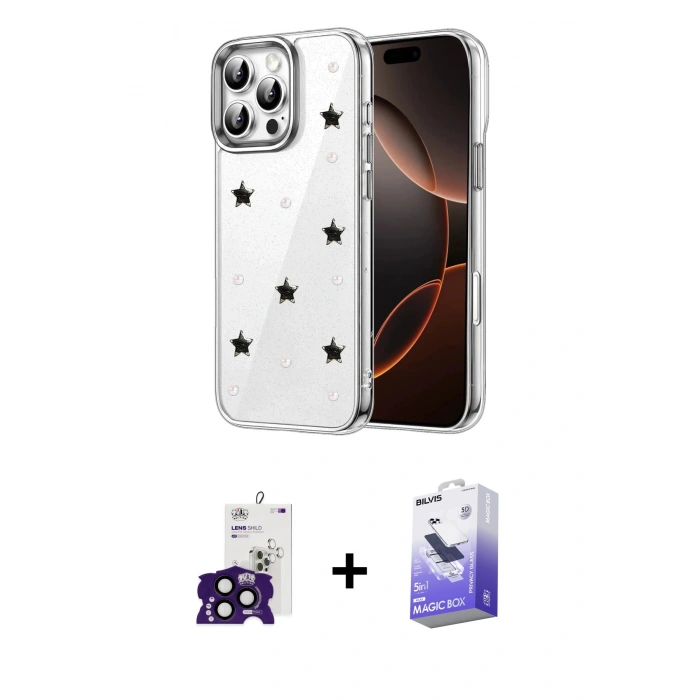 MARSİLYAN™- iPhone 16 Pro Max Kılıf Yörünge Form - Siyah Bilvis 5in1 5D Magic Hayalet Cam Ekran Koruyucu + Bilvis Titan Kamera Lens - SH