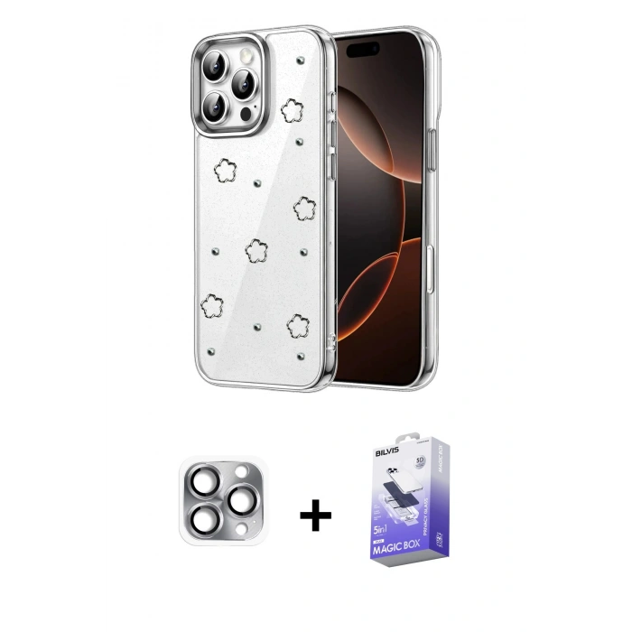 MARSİLYAN™- iPhone 16 Pro Max Kılıf Yörünge Form - Siyah Bilvis 5in1 5D Magic Hayalet Cam Ekran Koruyucu + Pers Alüminyum Kamera Lens - GI