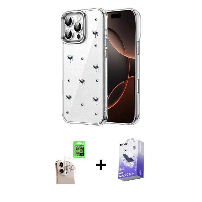 MARSİLYAN™- iPhone 16 Pro Max Kılıf Yörünge Form - Siyah Bilvis 5in1 5D Magic Hayalet Cam Ekran Koruyucu + Raze Metal Kamera Lens - NLGY