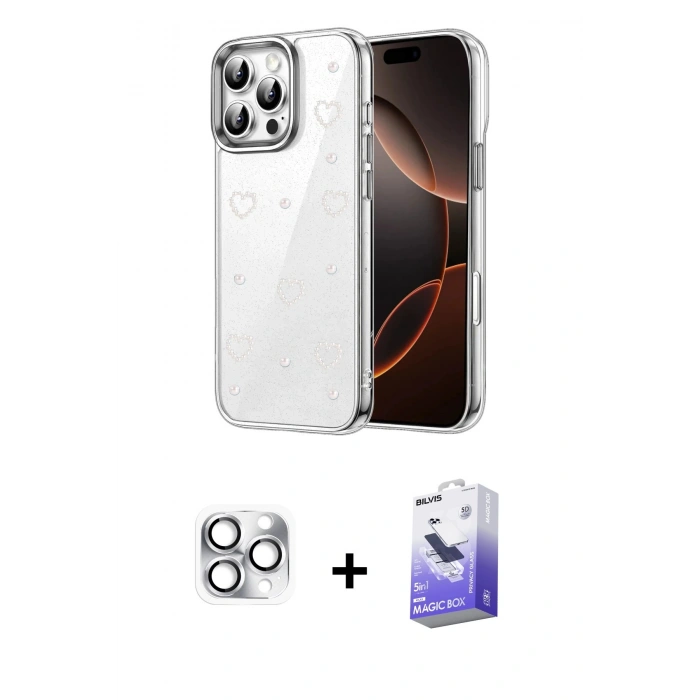 MARSİLYAN™- iPhone 16 Pro Max Kılıf Yörünge Form - Siyah Bilvis 5in1 5D Magic Hayalet Cam Ekran Koruyucu + Pers Alüminyum Kamera Lens - GS