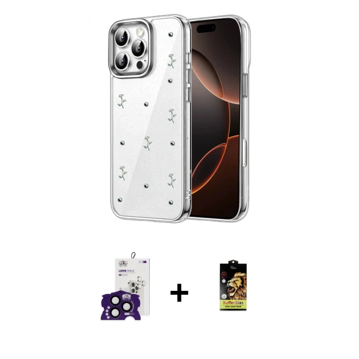 MARSİLYAN™- iPhone 16 Pro Max Kılıf Yörünge Form - Siyah Buffer Cam Ekran Koruyucu + Bilvis Titan Kamera Lens - SH