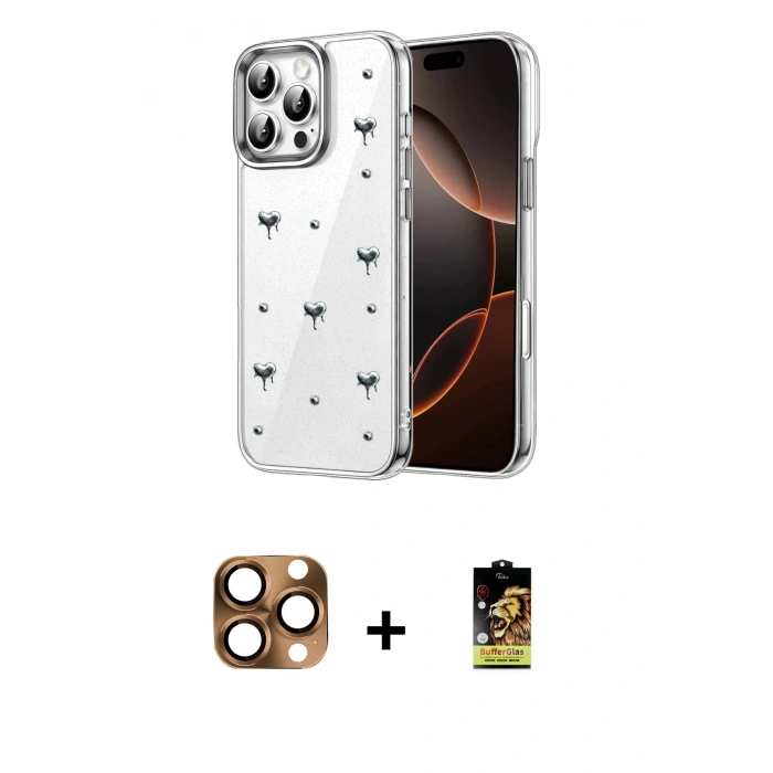 MARSİLYAN™- iPhone 16 Pro Max Kılıf Yörünge Form - Siyah Buffer Cam Ekran Koruyucu + Çöl Titanyum Pers Alüminyum Kamera Lens