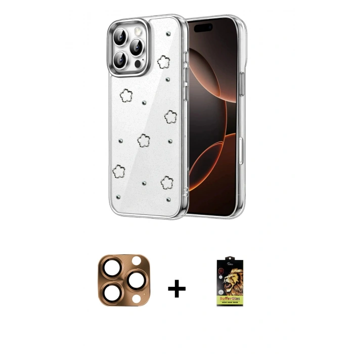 MARSİLYAN™- iPhone 16 Pro Max Kılıf Yörünge Form - Siyah Buffer Cam Ekran Koruyucu + Çöl Titanyum Pers Alüminyum Kamera Lens