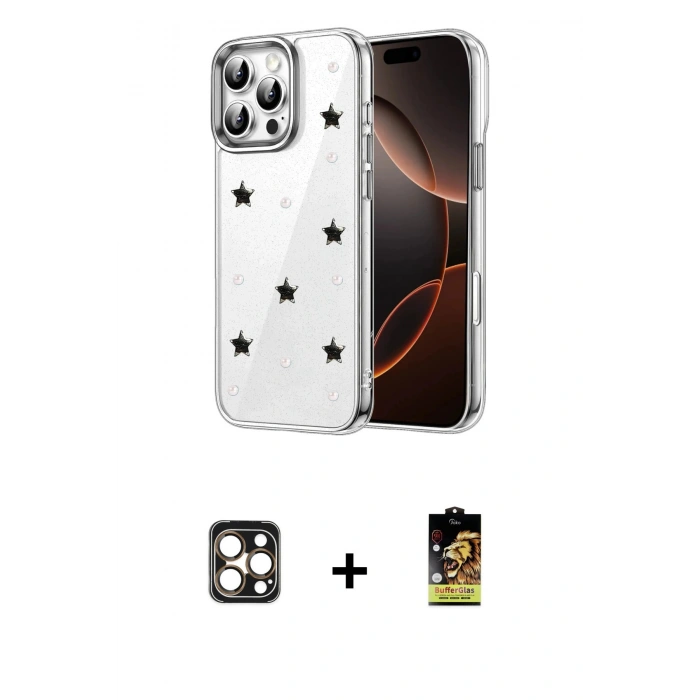 MARSİLYAN™- iPhone 16 Pro Max Kılıf Yörünge Form - Siyah Buffer Cam Ekran Koruyucu + PVD Metal Kamera Lens - GD