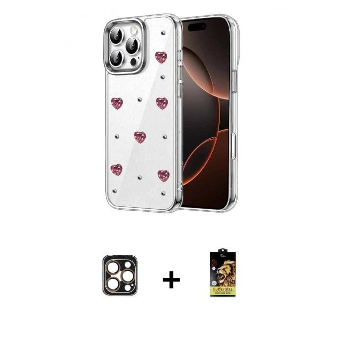 MARSİLYAN™- iPhone 16 Pro Max Kılıf Yörünge Form - Siyah Buffer Cam Ekran Koruyucu + PVD Metal Kamera Lens - GD