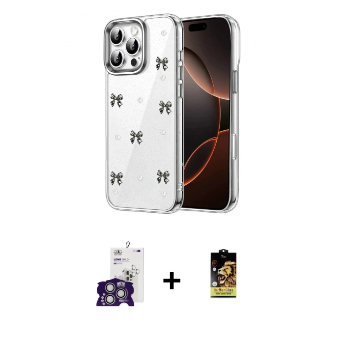 MARSİLYAN™- iPhone 16 Pro Max Kılıf Yörünge Form - Siyah Buffer Cam Ekran Koruyucu + Bilvis Titan Kamera Lens - GS