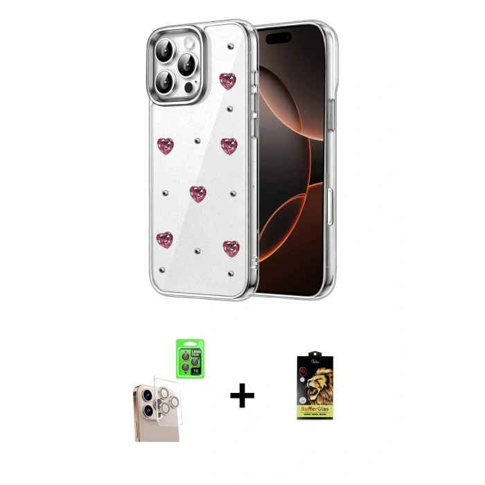 MARSİLYAN™- iPhone 16 Pro Max Kılıf Yörünge Form - Siyah Buffer Cam Ekran Koruyucu + Raze Metal Kamera Lens - NLGY