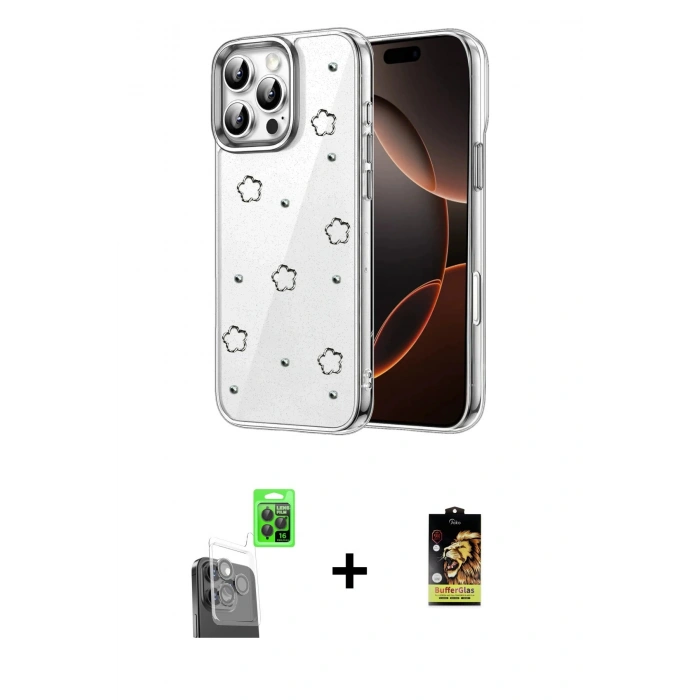 MARSİLYAN™- iPhone 16 Pro Max Kılıf Yörünge Form - Siyah Buffer Cam Ekran Koruyucu + Raze Metal Kamera Lens - SH