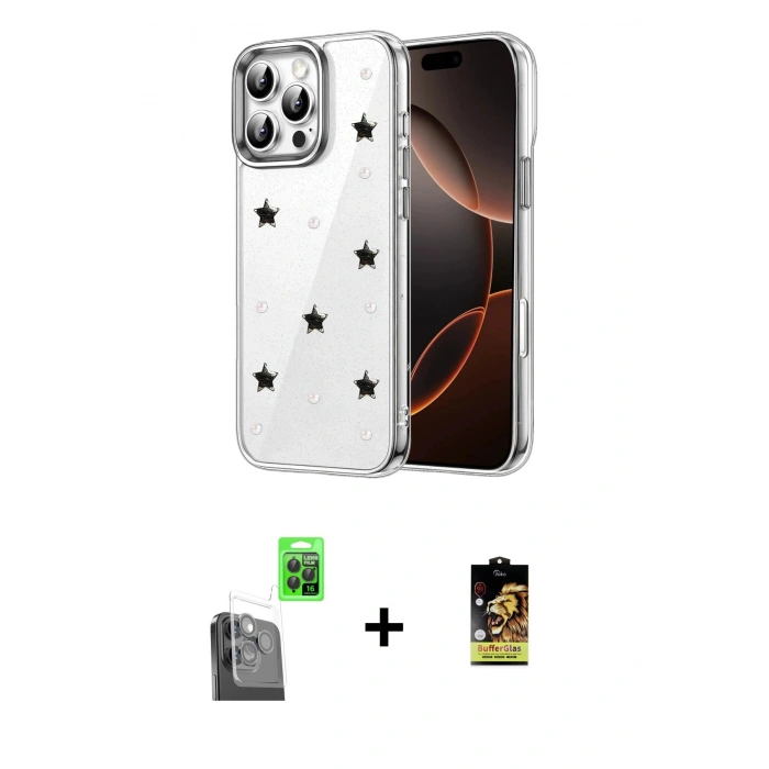 MARSİLYAN™- iPhone 16 Pro Max Kılıf Yörünge Form - Siyah Buffer Cam Ekran Koruyucu + Raze Metal Kamera Lens - SH