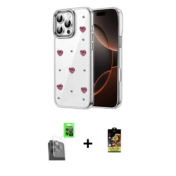 MARSİLYAN™- iPhone 16 Pro Max Kılıf Yörünge Form - Siyah Buffer Cam Ekran Koruyucu + Raze Metal Kamera Lens - SH