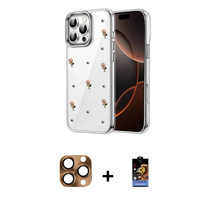 MARSİLYAN™- iPhone 16 Pro Max Kılıf Yörünge Form - Siyah Buffer Hayalet Cam Ekran Koruyucu + Çöl Titanyum Pers Alüminyum Kamera Lens
