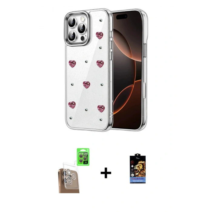 MARSİLYAN™- iPhone 16 Pro Max Kılıf Yörünge Form - Siyah Buffer Hayalet Cam Ekran Koruyucu + Çöl Titanyum Raze Metal Kamera Lens